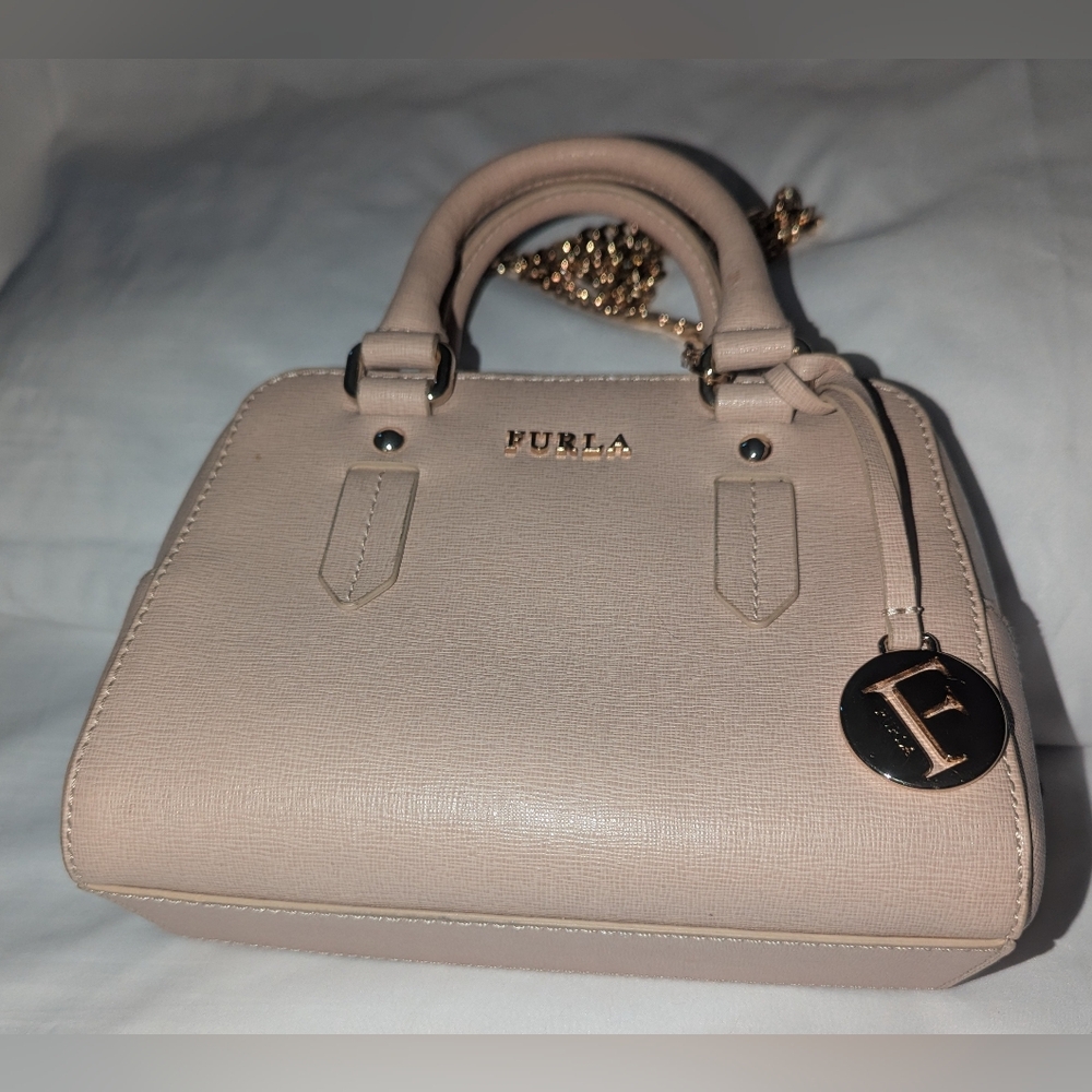 Furla Mini Ellena Neutral Saffiano Leather Satchel with Gold Accents - Picture 11 of 13